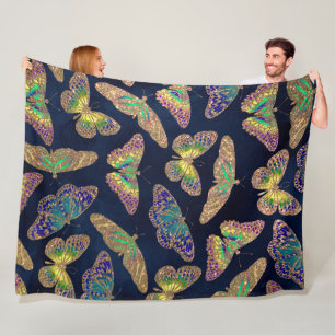 Navy Gold Butterflies Glitter Watercolor Pattern Fleece Blanket