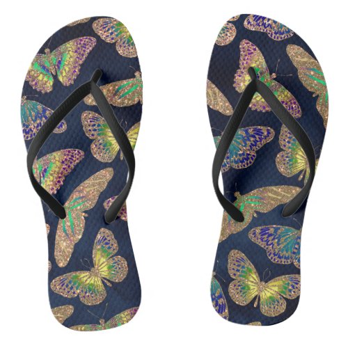 Navy Gold Butterflies Glitter Watercolor Pattern Flip Flops