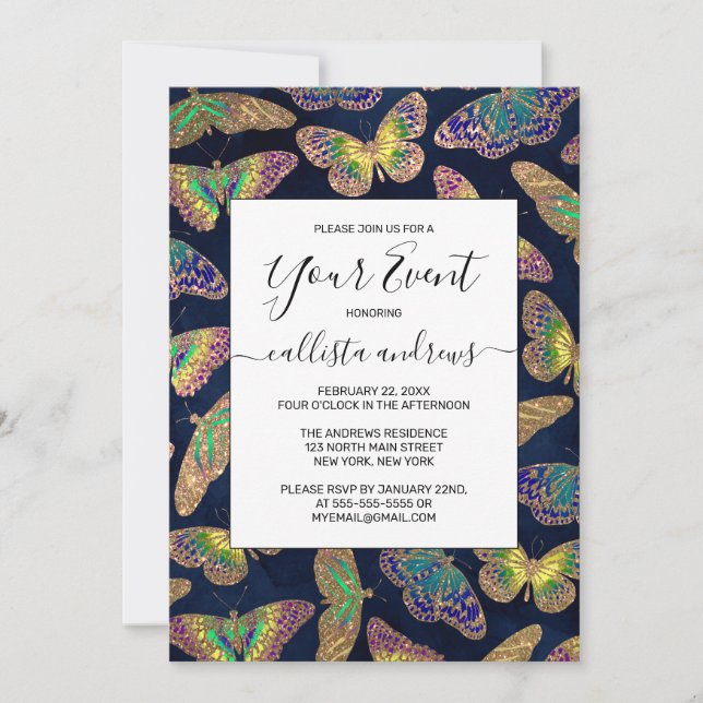 Navy Gold Butterflies Glitter Watercolor Pattern Invitation (Front)