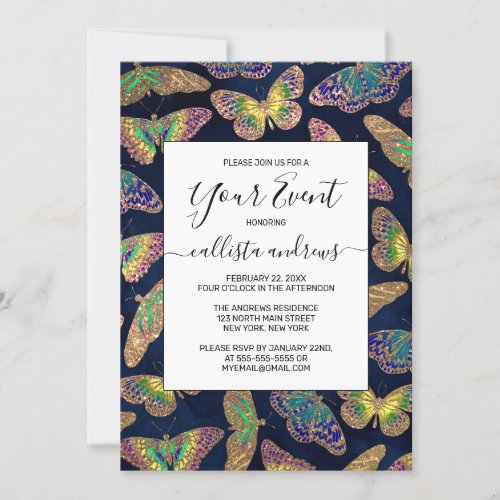 Navy Gold Butterflies Glitter Watercolor Pattern Invitation