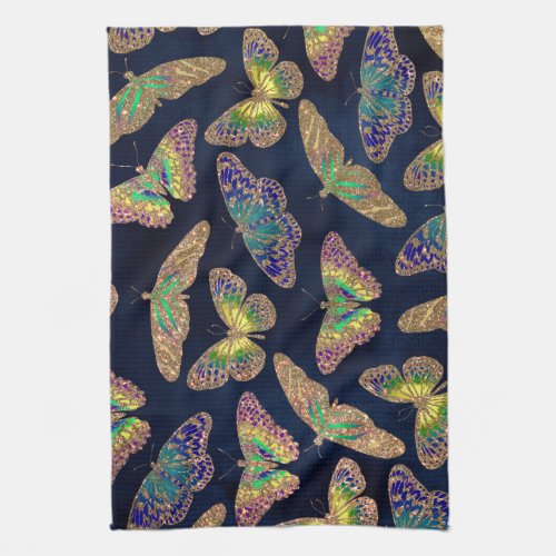 Navy Gold Butterflies Glitter Watercolor Pattern Kitchen Towel