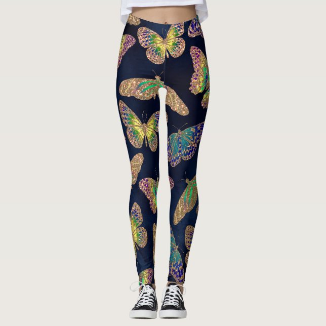 Navy Gold Butterflies Glitter Watercolor Pattern Leggings (Front)