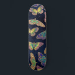 Navy Gold Butterflies Glitter Watercolor Pattern Skateboard<br><div class="desc">This artsy and modern pattern is perfect for the stylish and trendy woman. It features a hand-painted blue, neon green, yellow, teal green, and purple watercolor butterfly pattern with faux printed sparkly gold glitter outlines on top of a dark navy blue watercolor background. It's elegant, pretty, chic, artistic, and cute....</div>
