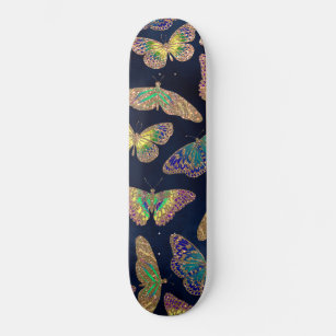 Navy Gold Butterflies Glitter Watercolor Pattern Skateboard