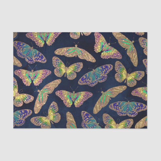 Navy Gold Butterflies Glitter Watercolor Pattern Tissue Paper (Front)