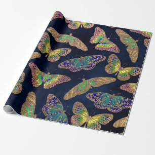 Navy Gold Butterflies Glitter Watercolor Pattern Wrapping Paper