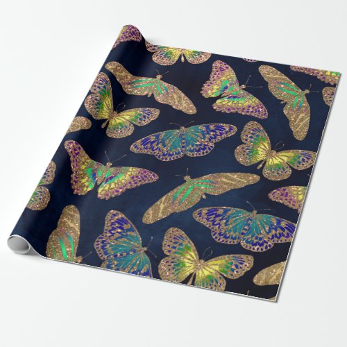 Navy Gold Butterflies Glitter Watercolor Pattern Wrapping Paper