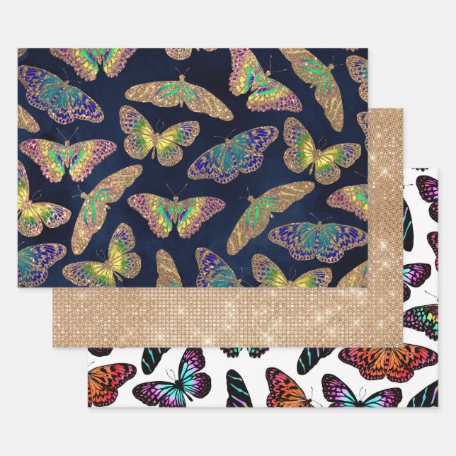 Navy Gold Butterflies Glitter Watercolor Pattern Wrapping Paper Sheets (Set)