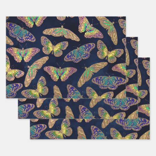 Navy Gold Butterflies Glitter Watercolor Pattern Wrapping Paper Sheets