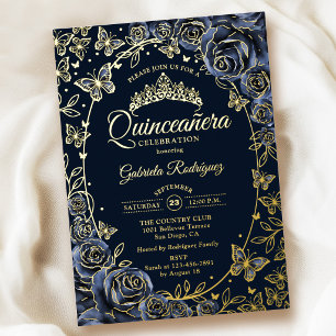 Navy Gold Butterflies Roses Quinceanera Foil Invitation