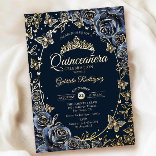 Navy Gold Butterflies Roses Quinceanera Foil Invitation