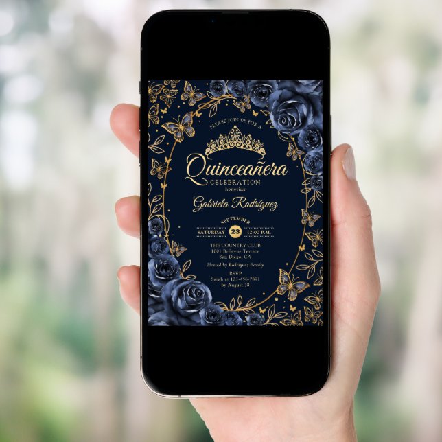 Navy Gold Butterflies Roses Quinceanera Invitation (Front Digital)
