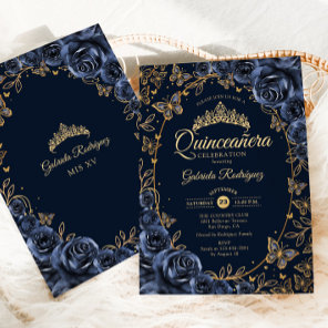 Navy Gold Butterflies Roses Quinceanera Invitation