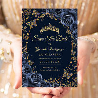 Navy Gold Butterflies Roses Quinceanera
