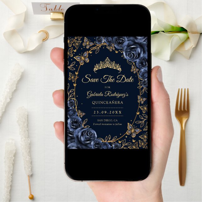 Navy Gold Butterflies Roses Quinceanera Save The Date (Front Digital)