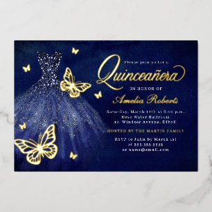 Navy Gold Butterfly Dress Quinceanera Foil Invitation