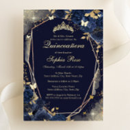 Navy Gold Butterfly Floral Quinceanera Foil Invitation