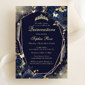 Navy Gold Butterfly Floral Quinceanera Foil Invitation