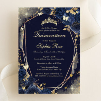 Navy Gold Butterfly Floral Quinceanera Foil Invitation