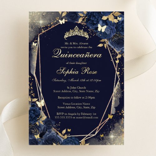 Navy Gold Butterfly Floral Quinceanera