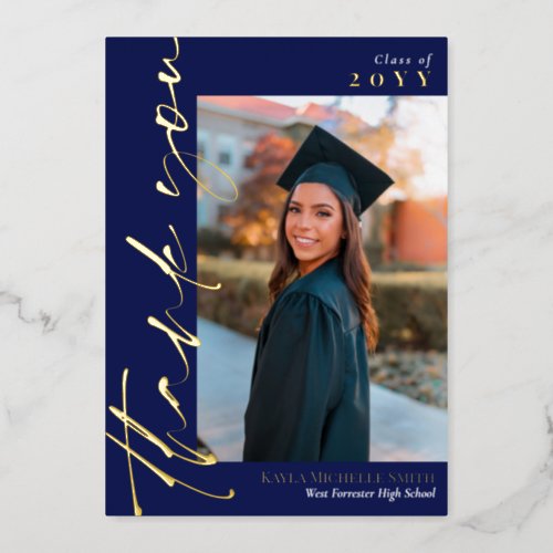 Navy Gold Calligraphy Photo Graduation Thank You Foil Invitation