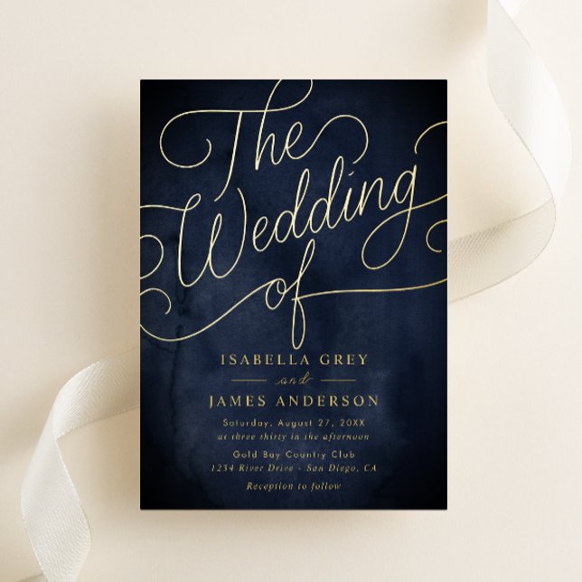 Navy Gold Calligraphy Script Wedding  Foil Invitation (Creator Uploaded)