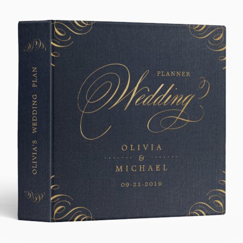 Navy gold calligraphy vintage wedding planner 3 ring binder