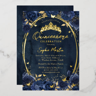 Navy Gold Captivating Floral Butterfly Quinceanera Foil Invitation