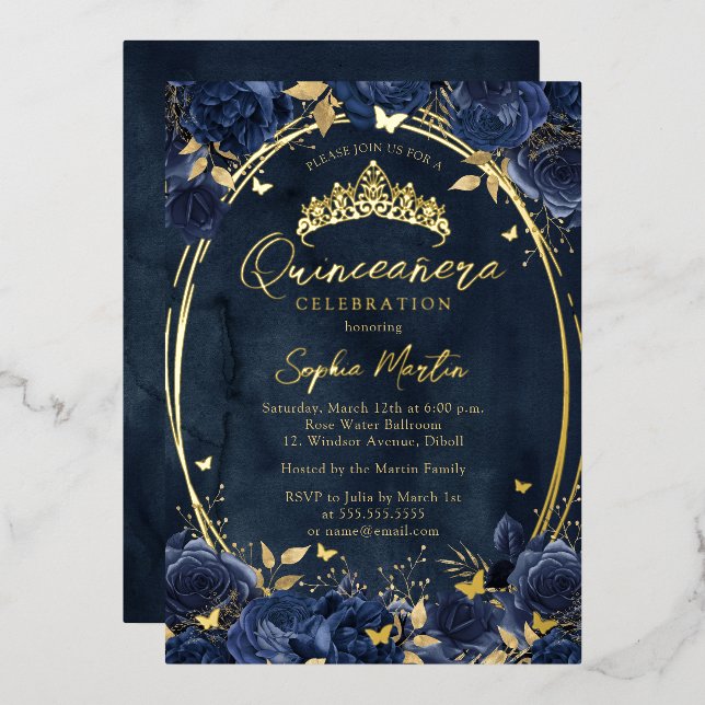 Navy Gold Captivating Floral Butterfly Quinceanera Foil Invitation (Front/Back)