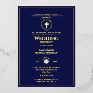 Navy Gold Catholic Wedding Elegant Formal Modern Foil Invitation