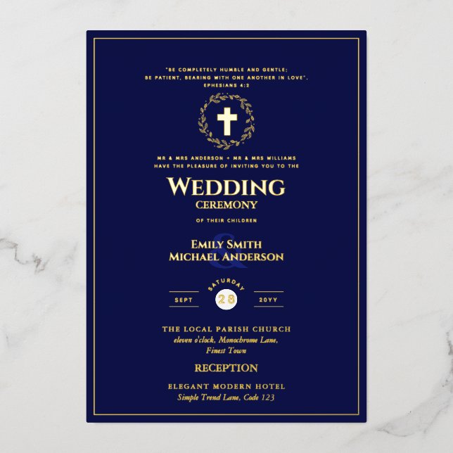 Navy Gold Catholic Wedding Elegant Formal Modern Foil Invitation (Front)