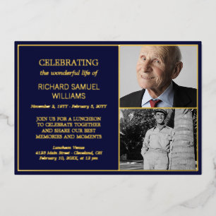 Navy Gold Celebrating Life 2 Photos Memorial Foil Invitation