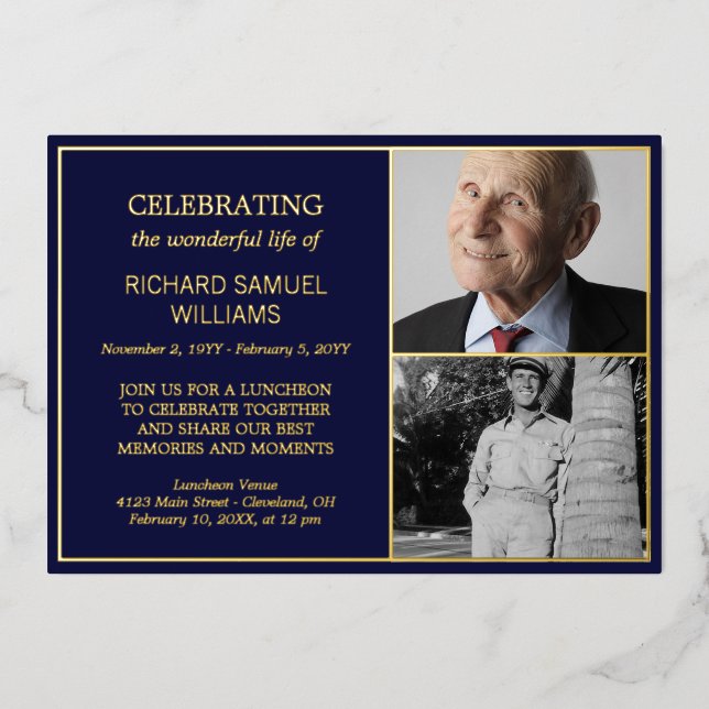 Navy Gold Celebrating Life 2 Photos Memorial Foil Invitation (Front)