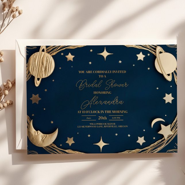Navy Gold Celestial Crescent Moon Bridal Shower Invitation (Creator Uploaded)