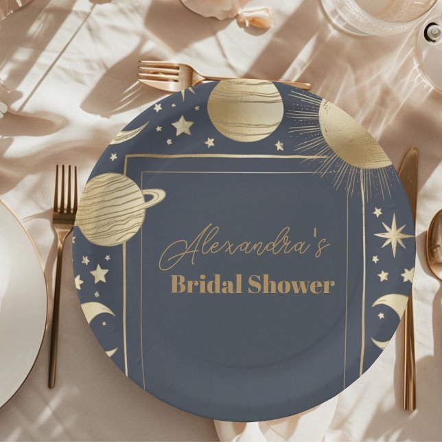 Navy Gold Celestial Crescent Moon Bridal Shower Paper Plates (Creator Uploaded)
