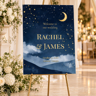 Navy Gold Celestial Moon Wedding Welcome Sign