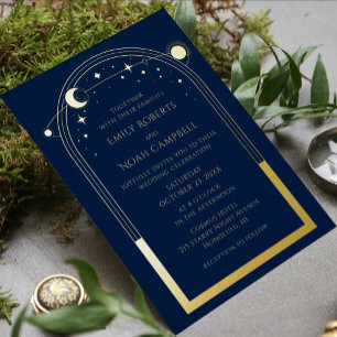 Navy Gold Celestial Photo Sun Moon Stars Wedding Foil Invitation