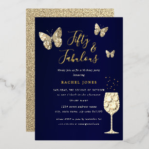 Navy Gold Champagne 50 & Fabulous Birthday Foil Invitation