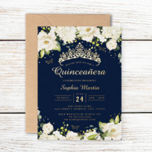 Navy Gold Champagne Floral Quinceanera Foil Invitation