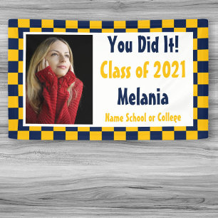 Navy Gold Checkerboard Photo Graduation Banner