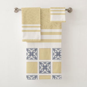 Navy & Gold Checkered Tile Pattern Elegant Geome Bath Towel Set