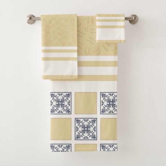 Navy & Gold Checkered Tile Pattern | Elegant Geome Bath Towel Set (Insitu)
