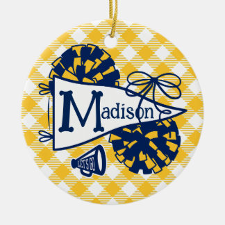 Navy Gold Cheer Pennant Gingham Personalized Ceramic Ornament