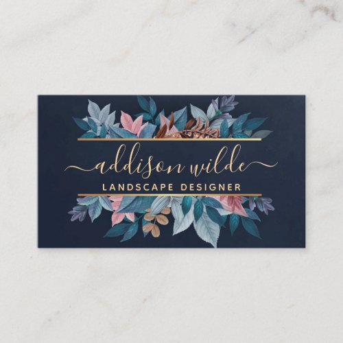 Navy Gold Chic Botanical Leaves Modern Foliage Business Card