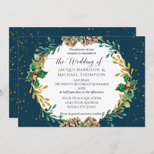 Navy Gold Christmas Pine Cone Greenery Wedding Invitation
