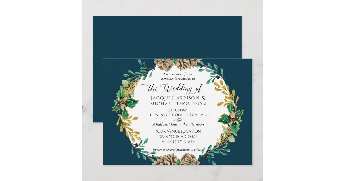 Navy Gold Christmas Pine Cone Greenery Wedding Invitation | Zazzle