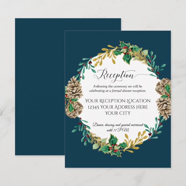 Navy Gold Christmas Pine Cones Wedding Reception Invitation (Front/Back)