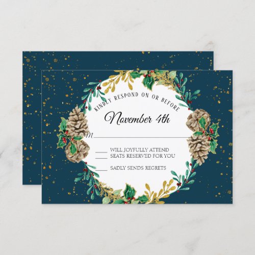 Navy Gold Christmas RSVP Red Holly Leaf Wreath Invitation