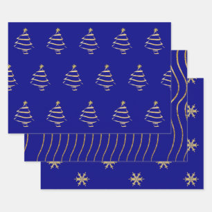 Navy Gold Christmas Tree Snowflake Wavy Lines Wrapping Paper Sheets