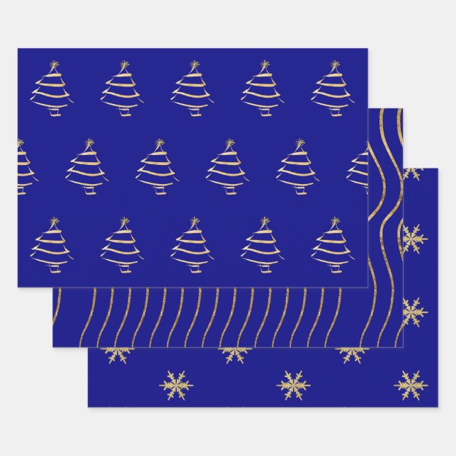 Navy Gold Christmas Tree Snowflake Wavy Lines Wrapping Paper Sheets (Set)